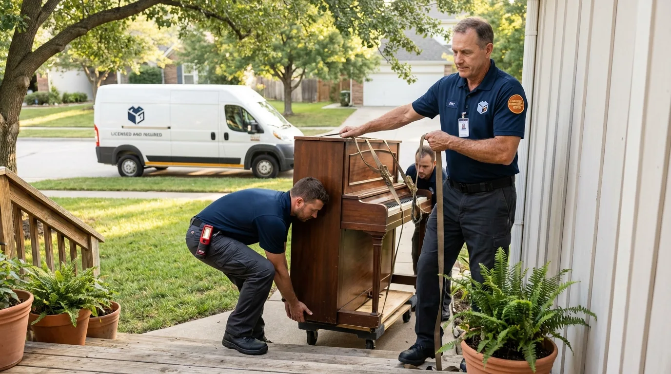 Licensed piano movers securing grand piano in Clarksdale, MS