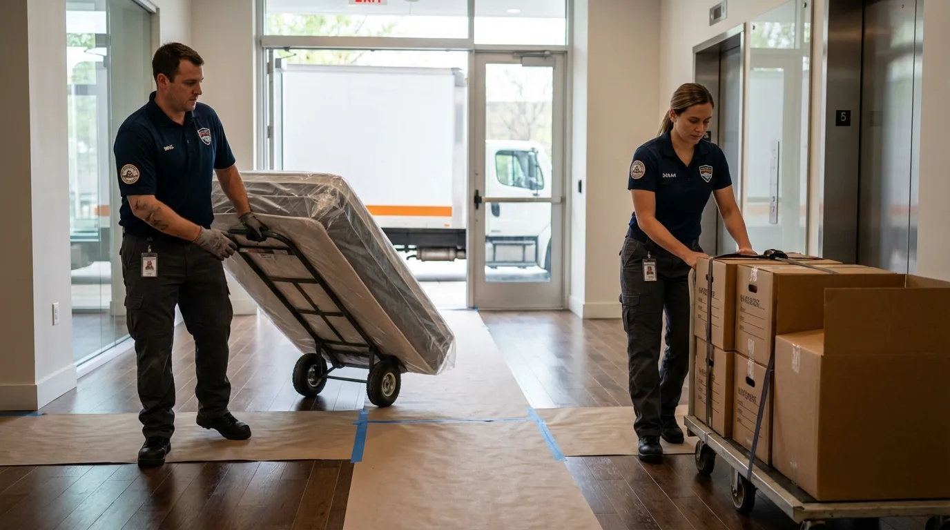 Professional apartment movers loading elevator in Clarksdale, MS