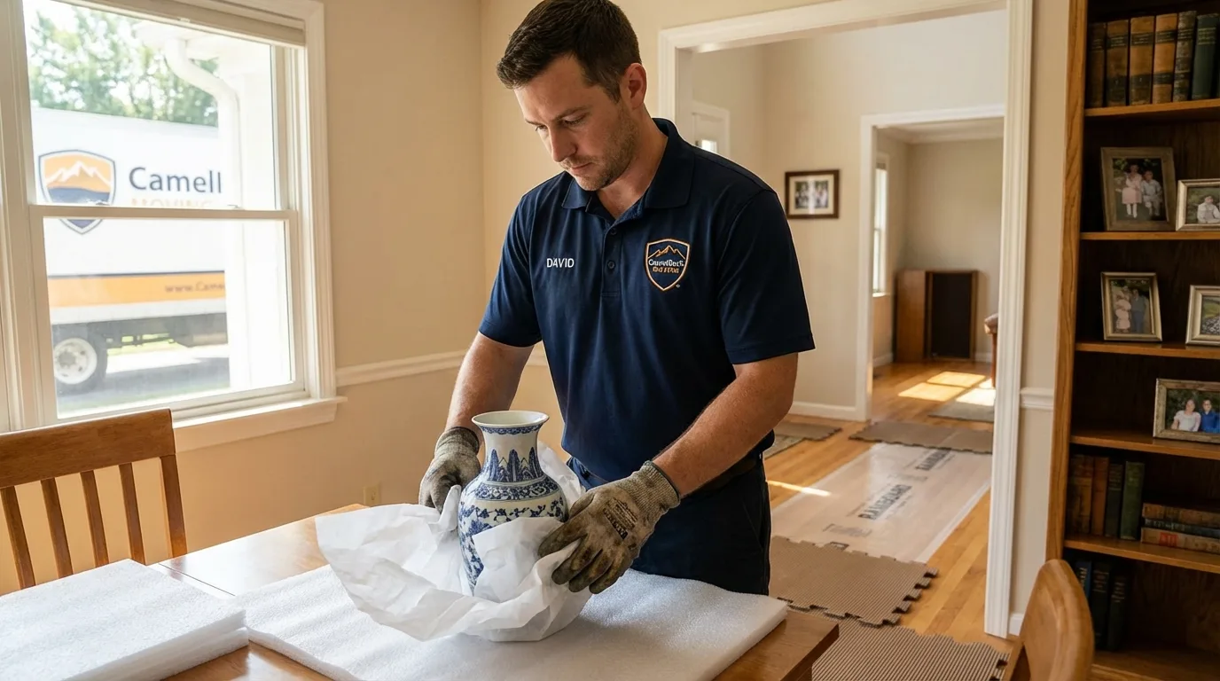 Professional crew carefully wrapping antique vase for senior downsizing move in Clarksdale, MS